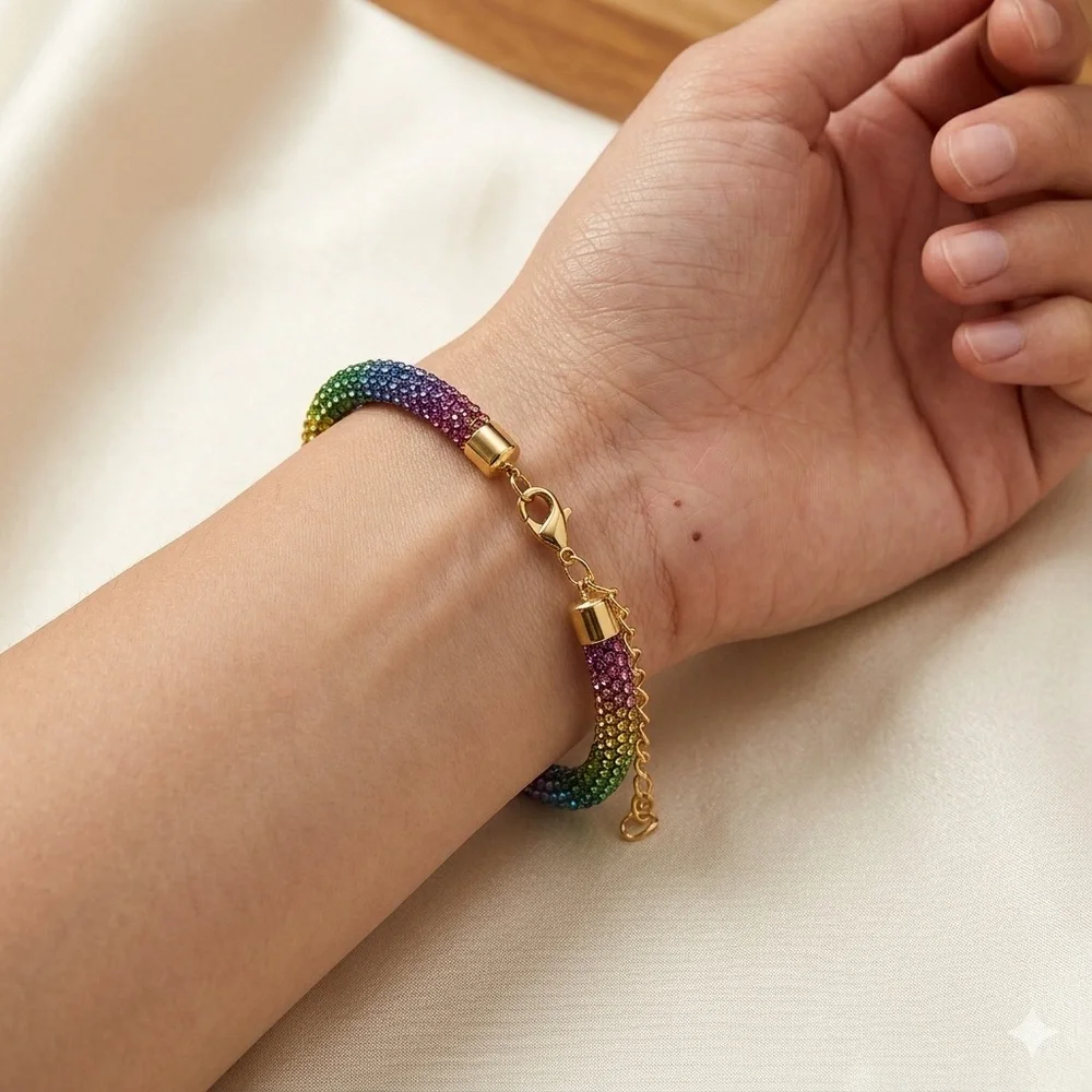 Rainbow Rhinestone Mesh Bracelet | Glitter “Crystaldust” Statement Jewelry